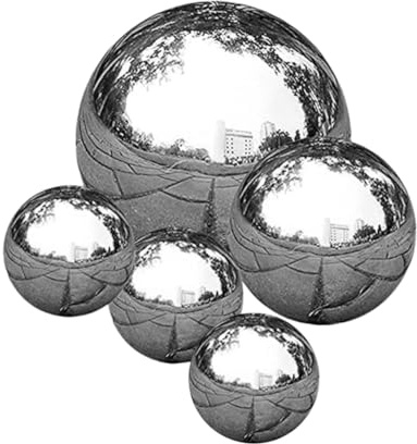 OFFSCH Spiegelpolierkugel aus Edelstahl 5 Stück, Hohle Gartenkugeln | Spiegelglatte Oberfläche, Silberne Hohlkugel Ornamente, für Terrasse und Rasen, Leicht zu Arrangieren