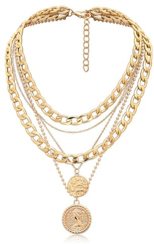 NHQZ Punk Chunky Kettenkette,Übertrieben Geschichtete Kubanische Halskette,5-lagige Goldkette Damen,Piratens Chmuck Damen,Verstellbar 34/36/40/42/48 cm für Frauen und Mädchen