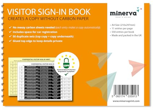 Confidential Visitor Sign-In Book with Car Registration – GDPR Compliant A4 Carbonless Duplicate Logbook - Pack of 1