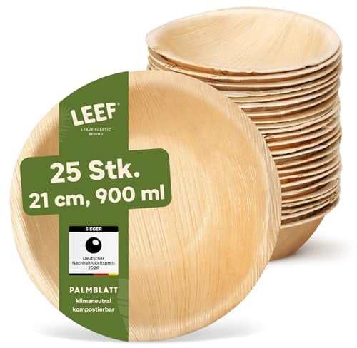 Leef 25x Palmblatt Schalen rund - Einweggeschirr kompostierbar und naturbelassen - Ø21 x 6,5 cm - umweltfreundlich - Geschirr Partygeschirr Einwegteller