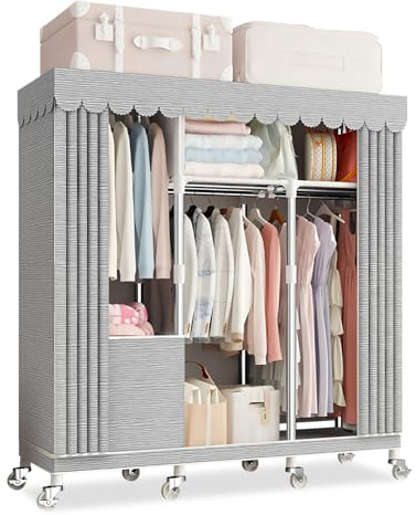 Freistehender Kleiderschrank mit Kleiderstange und Ablagen Stoff Faltschrank mit Staubschutzhülle Rollen schrank schlafzimmer für chlafzimmer,Ankleidezimmer Tragbarer Kleiderschrank(125x45x170cm)