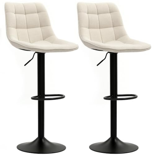 HOMCOM Barhocker 2er-Set Gepolstert mit Lehne Stahlgestell Beige | Chenille-Optik, Höhenverstellbare Küchenstühle mit Fußstütze, 360° Drehbar Barstuhl, Tresenhocker, für Küche, Wohnzimmer