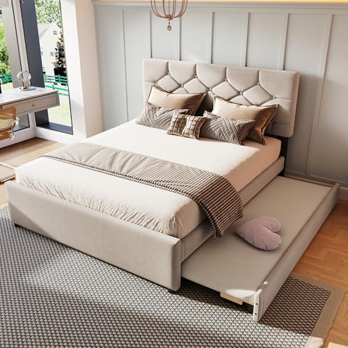 TOBIDOEN Polsterbett Kinder 140x200 cm mit Ausziehbett 90x190 cm, Geeignet für 2-3 Personen, Jugendbett Kinderbett Rollbett mit Lattenrost für Schlafzimmer, Ohne Matratze, Samtstoff (Beige)