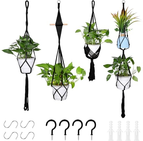 Zorplex 4 Pièces Suspensions Plantes en Macramé, Paniers Suspendus en Corde De Coton avec Crochets, Porte-Pots de Fleurs Bohème pour Décoration Intérieure et Extérieure, Balcon, Fenêtre (Noir)