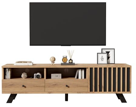 fullarrive Mueble de TV de 150 cm con 2 cajones y 1 armario de aspecto de madera, mueble de salón, soporte de TV, para televisores de hasta 60 pulgadas