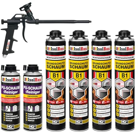 Isolbau - Bauschaum B1 - Montageschaum - PU-Schaum 4 x 750 ml - Pistolenschaum, 2 x PU-Schaum-Reiniger & 1 x Schaumpistole - 1K Brandschutzschaum - Dämmschaum - Abdichtung, Wärmedämmung