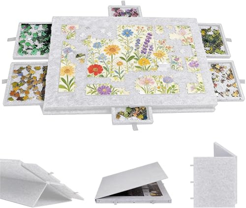FARYODI Tavolo Puzzle Inclinabile Portatile con 6 Cassetti, Piattaforma in Feltro Leggero per Giochi Fino a 1000 Pezzi, Grigio Argentato