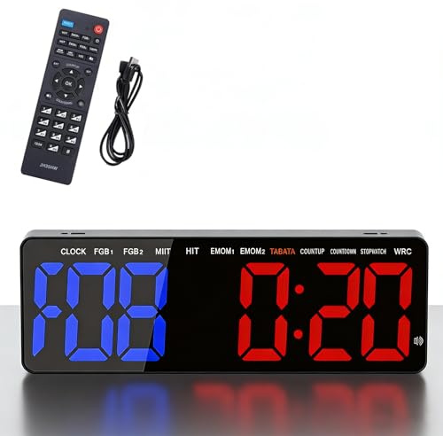 Temporizador de Gimnasio con cronometro, 16'' Temporizador de intervalos con Mando a Distancia, Reloj de Pared LED de 12/24 h, para Fitness, hogar, Garaje, Gimnasio y Deportes