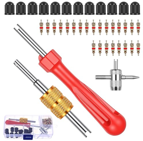 jiuxlaan 1 Llave Extractora de Obús Presta con 25 Núcleos y 12 Tapas | Kit de reparación para coches, motos y bicicletas, extractor doble, práctico, compacto y fácil de usar