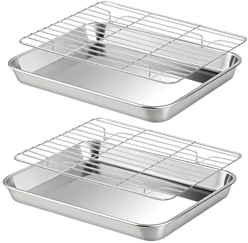 CAAGGMM Baking Tray with Rack Set, Set of 2 Stainless Steel Cookie Sheet Pan Set, 40.5x30.5x2.5cm Toaster Oven Tray with Cooling Rack, for Roasting, Cooking, Drying(2 Trays with 2 Racks)