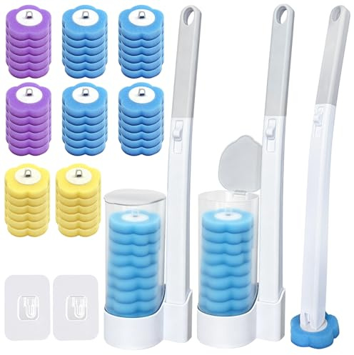 TZEKING Set Escobillas de Baño Desechable 54 Piezas, 2 Cepillos WC con Mango Largo y Sistema a Clic, 2 Soportes de Pared con Adhesivo, 48 Rellenos Detergentes en Esponja para Inodoro, Lavabo y Bañera
