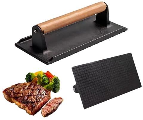 Presse à bacon – Batterie de cuisine en fer robuste de 900 g, planche à viande rectangulaire, outil de cuisson à poignée en bois épais | Gril à steak pour barbecue, camping, cuisine, préparation des