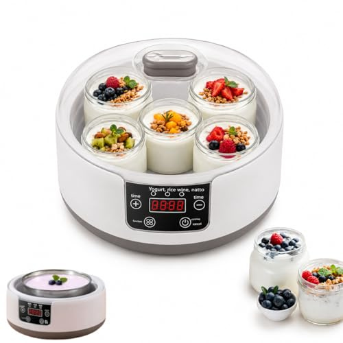 Yaourtière 5 pots,Machine à Yaourt Maison 1200ml Intérieur en acier inoxydable + 5 pots,Fonction Minuterie et Affichage Numérique, pour Faire du Yaourt Maison en Famille