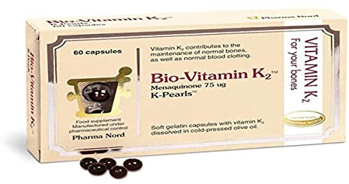 Pharma Nord K-Pearls | Vitamin K2 MK-7 75mcg Supplement | 60 Capsules | Supports the Maintenance of Normal Bones | Dissolved in Cold-Pressed Olive Oil | Convenient One-a-Day Formula