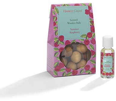 Hassett Green London - Summer Raspberry - Scented Wooden Balls Pack of 12 plus 30ml Bottle of Home Fragrance Oil for Refreshing - Alternative to Pot Pourri, Diffusers, Sachets and Drawer Liners