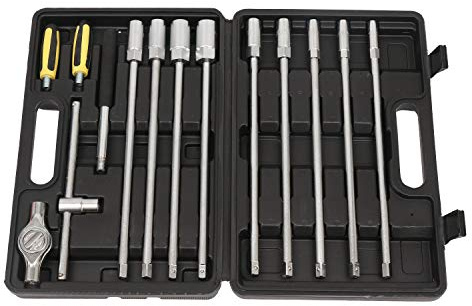 KATSU 3/8 Extra Long Hex Socket Set 12PCs 8-19mm Metric Size with Quick-Released Ratchet Handle + Extension Bar + 200mm T Sliding Bar Joint, Chrome Vanadium Steel, Auto Repairing Mechanic Tool