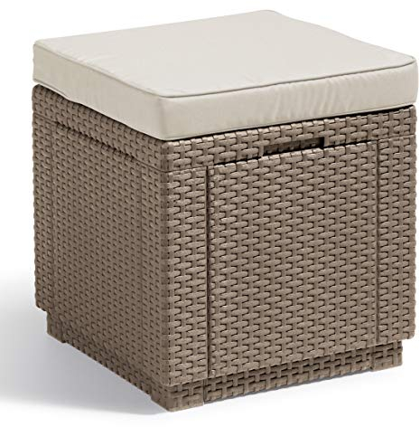 Allibert by Keter Cube Hocker mit Stauraum, cappuccino, inkl. Kissen, Deckel abnehmbar, flache Rattanoptik, wetterfest, 42x42x39cm