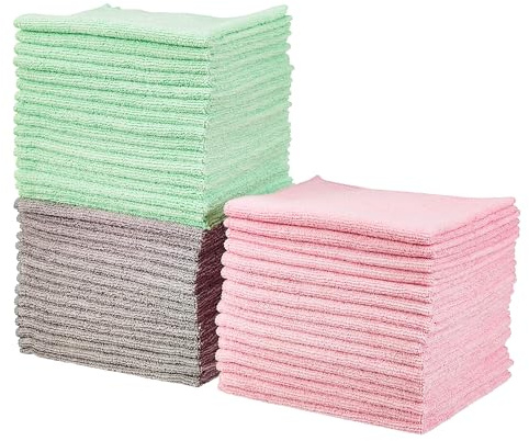 Amazon Basics Microfiber Cleaning Cloths, Ultra Absorbent, Scratch-Free, Non-Abrasive, Reusable and Washable, 16 x 12, Green/Gray/Pink, 48-Pack