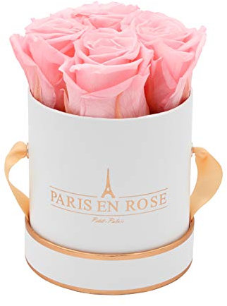 PARIS EN ROSE Rosenbox | mit 4 rosa Infinity Rosen Größe XL | konservierte ewige Rose | runde Weiß-Rosegold Box | 3 Jahre haltbar | Grußkarte