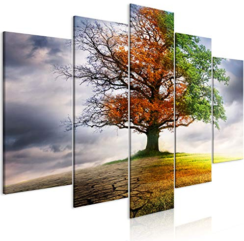 B&D XXL - Wandbilder XXL Baum 200x100cm 5 tlg - Wand Deko Leinwand Bilder Groß Wanddeko Wohnzimmer Schlafzimmer Kunstdrucke - Natur Vier Jahreszeiten c-A-0172-b-m