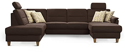 CAVADORE U-Form-Sofa Palera / Federkern-Wohnlandschaft mit Schlaffunktion, Stauraum und 2 Kopfstützen / 314 x 89 x 212 / Mikrofaser, Braun