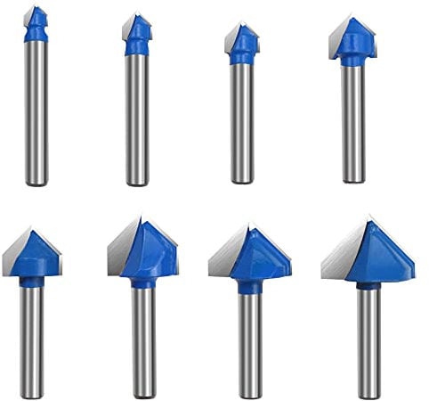 ROOCBIT 1/4-Inch Shank 90-Degree V Groove Router Bit Carbide-Tipped 2-Flute Engraving Bit Woodworking Chamfer Bevel Cutter Tool - 1/4, 5/16, 3/8, 1/2, 5/8, 3/4, 7/8, 1 8 Pcs