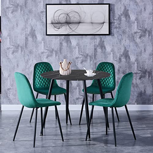 GOLDFAN Esstisch mit 4 Stuhl Glastisch Marmor Schwarz und Smat Stuhl Runder Tisch Glas Wohnzimmertisch Klein für Wohnzimmer Küche, Grün