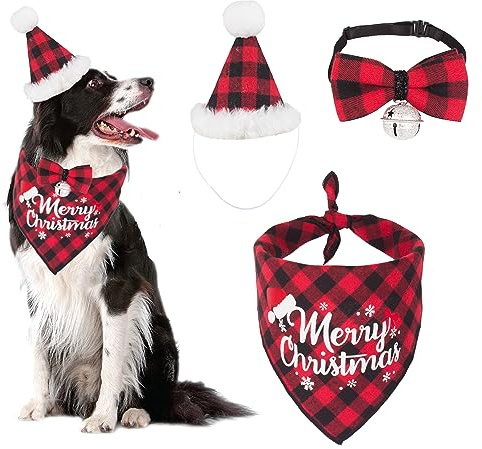 Weihnachts-Hunde-Bandana-Mütze, Fliege, rotes Karomuster, Halstuch, Dreieckstuch, Hunde-Weihnachts-Kostüm, Zubehör für kleine, mittelgroße Hunde, Haustiere (rot)
