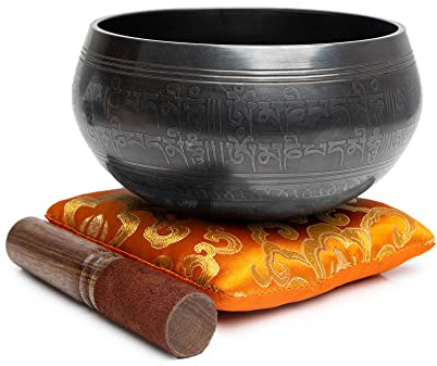Himalayan Bazaar - Juego de cuencos tibetanos - Fácil de tocar, hecho a mano para meditación, sonido, chakras, yoga, curación de 4 pulgadas (negro y naranja)