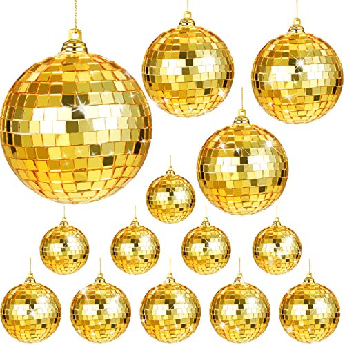 25 Pcs Disco Balls Ornament Mini Reflective Disco Ball Disco Party Hanging Decorations with Lanyard for Dance Music Party Decoration, 2 Inch 3.14 Inch 4 Inch (Gold)