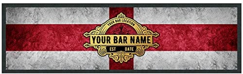 Personalised England Bar Mat, St Georges Day Flag Beer Mats, Football Bar Accessories For Home Pub, Cocktail Gin Bar Rubber Runner Mat Custom Text, Gift Idea For Him, Large - 880x250, White