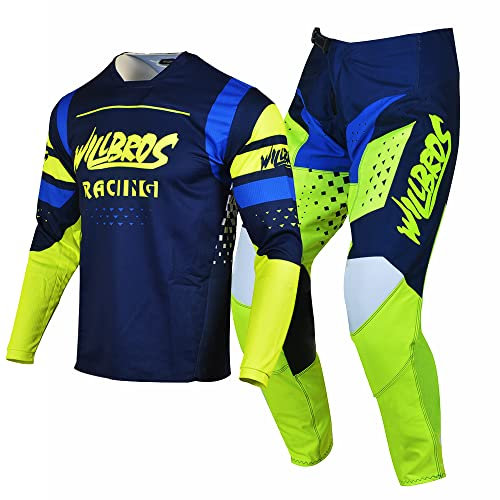 Willbros Combinaison de Pantalon en Maillot de Motocross Hommes MX Hors Route Équitation Adulte Vêtements de Course Bleu Jaune (Jersey M Pants 32)