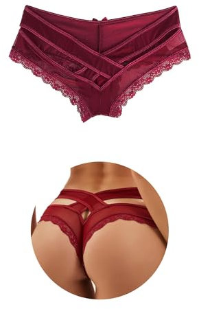 ohmydear String Sexy Tanga Femme Sexy Chic Dentelle String Culottes Slips Femmes Croisées Creux Out Entrejambe en Coton XL-2XL Transparent Panties Strings et Tangas sous-Vêtements Culottes