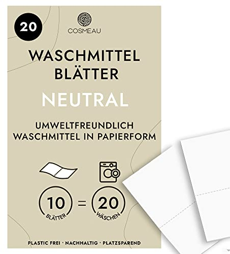 Cosmeau Waschmittel Blätter Neutral - bis zu 20 Waschgänge (20 Blätter) - Nachhaltiges Waschmittel für Weiß, Farbe und Schwarz - Plastikfrei, Abbaubar & Perfektes Reisewaschmittel