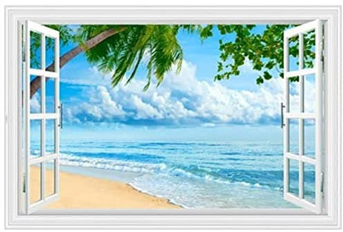 Vista Mare Creativo Wall Art Murale Spiaggia Palma 3D Finta Finestra Decorazione Domestica Scenario Poster Quadri Moderni Dipinti 100x150cm(40x59in) con Cornice