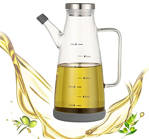 CaiYuanGJ Botella de Aceite, Dispensador Aceite, Aceiteras Antigoteo Cristal, Dispensador de Vinagre y Aceite, para Cocina, Vinagrera, Aceiteras, con Base de Silicona, Escala de Medidas, 800ml
