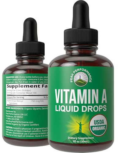 USDA Organic Vitamin A Liquid Drops Supplement - Vegan High Bioavailability for Eye, Skin + Bone Health - for Adults, Men, Women, Kids - Vit A Oil Retinyl Palmitate - Gluten Free, Zero Sugar 1 fl oz