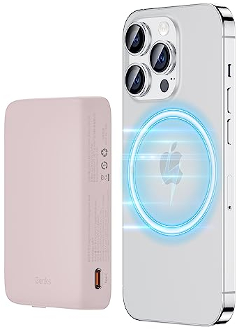 BENKS Power Bank Magsafe 10000mAh, Batteria Esterna Caricabatterie Portatile Magnetico Wireless a Ricarica Rapida con Cavo USB C, Compatibile con iPhone 14/13/12 Serie, Rosa
