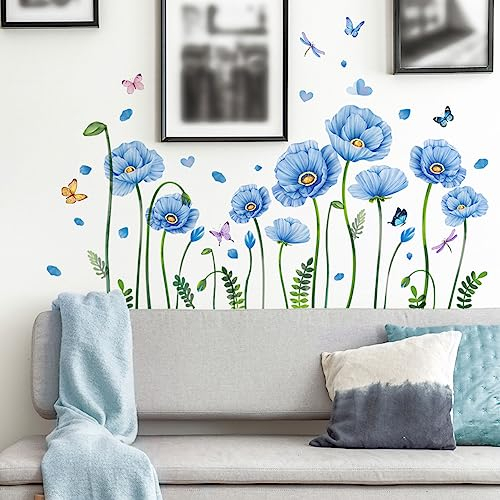 Timelesslong Wandtattoo Wanddeko Wohnzimmer Blumen Schmetterlinge Blau Wandsticker Pflanzen Deko Tapete Groß Rose Wandaufkleber Blume Wandbilder für Schlafzimmer Flur Büro Fensterbilder Deko