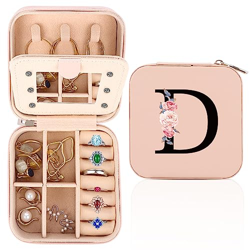 FIDWALL Schmuckkästchen Reise,Schmuck Reiseetui fuir Damen,Personalisierte Schmuckkästchen von A bis Z,Kleine Schmuck-Organizers mit Spiegel,Geschenk zum Frauengeburtstag,Geschenk zum Muttertag.(D)