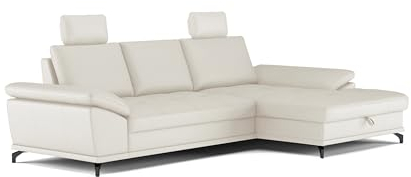 Cavadore Ecksofa Castiel mit Federkern / Eckcouch mit großem Longchair, Sitztiefenverstellung, Kopfstützen und mattschwarzen Metallfüßen / 301 x 89-114 x 176 / Echtleder, Weiß
