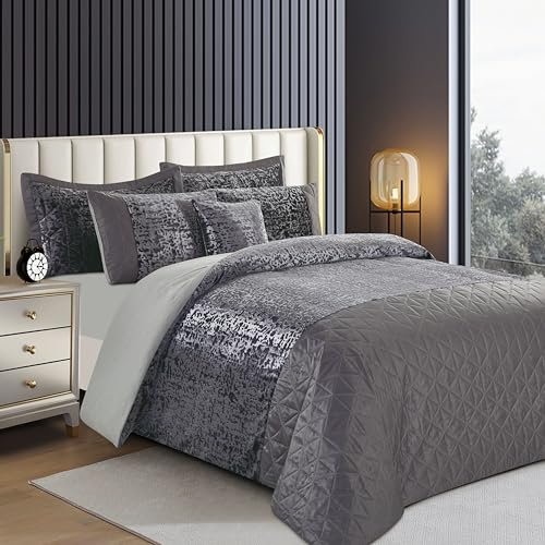 Best Linen Duvet Cover Sets 3 Pcs Plush Crushed Velvet Solid Quilt Cover Soft Easy Care Washable Hypoallergenic Bedding Set with 2 Matching Pillow Cases (Grey, Double)