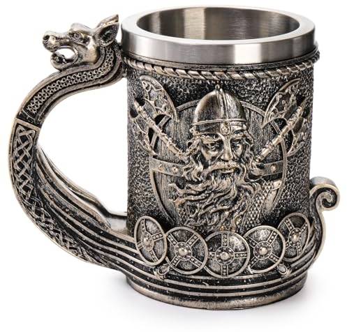 ZENFUN Nordic Viking Ship Dragon Beer Mug, 18/8 Stainless Steel Drinking Tankard, 17.5oz/500ml Wine Coffee Cup, Norse Mythology Poetic Decor Beer Mug, Great Gift for Men