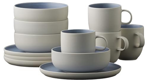 Studio Round North Steingut Geschirr Set für Brunch/Frühstück Servier Set, Geschirrset 4 Personen,12 Teile, 4 x Teller, Schüsseln und Kaffeetassen aus Steinzeug, River