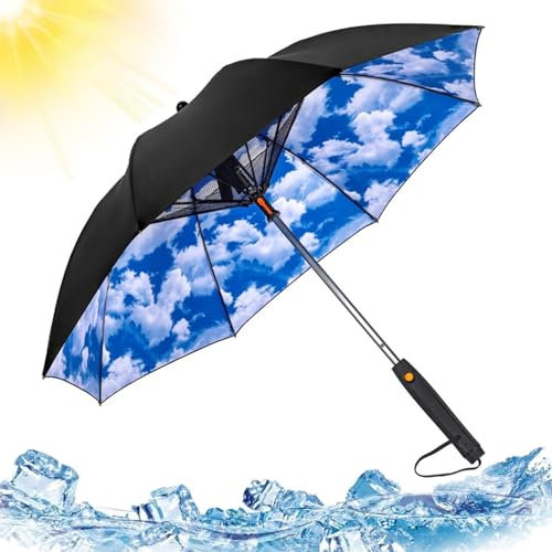 3 In 1 Umbrella With Fan, Portable Cooling Fan Umbrella, Umbrella With Fan And Mister, Umbrella With Fan And Water Spray, Sun Umbrella With Heat Protection With Fan,Blue Sky