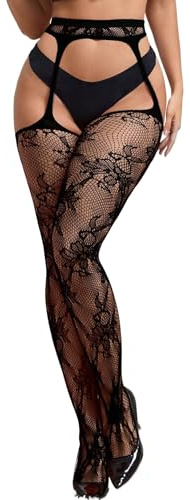 ohyeahlady Womens Lace Suspender Tights Plus Size Thigh High Stockings | XS-5XL, Floral, Patterned, Crotch Open, Stretchy, Fishnet Tights, Box Package
