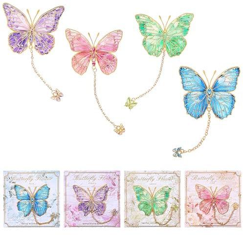 JIEYAO 4 Stück Metall Lesezeichen für Frauen, Bunt Schmetterlings Lesezeichen mit Anhänger Personalisiert Bookmark Aesthetic Lesen Zubehör Geschenke für Buchliebhaber Leser Lehrer Mädchen