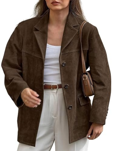 FYHTC Giacca in Pelle Scamosciata Marrone Chic da Donna con Risvolto, Estetica Y2k Tasca Manica Lunga Finta Pelle Cappotto Outwear Streetwear(Large)