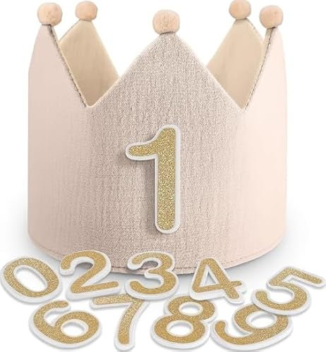Yphzmtz Geburtstagskrone mit Zahlen 0-9 für Mädchen & Junge Geburtstag Kinderkrone Party Deko Hut Musselin Krone Kindergeburtstag Deko, Beigegrau