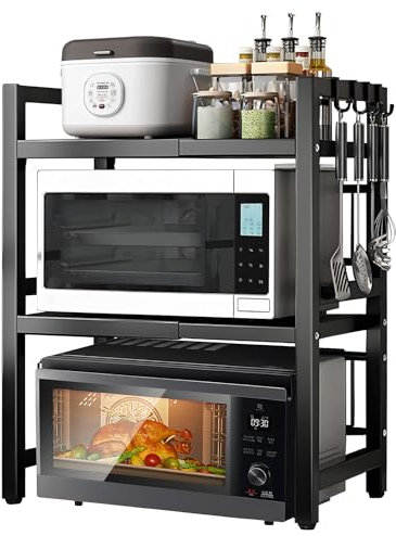 HSJKWPT Erweiterbares Mikrowellen Regal Flexibel Ausziehbar 40-64cm Mikrowellenregal mit 6 Haken Mikrowellen Regal Ständer für Küche Organizer Bäckereiregale(Schwarz, 2 Schichten)